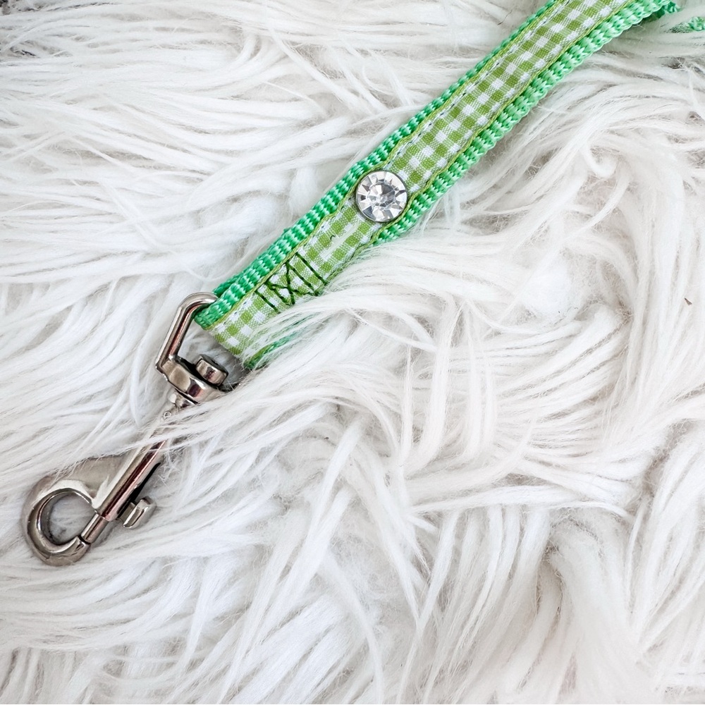 Green Gingham Dog Leash Rhinestone Accent Preppy